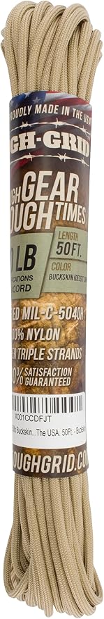 TOUGH-GRID 550 Paracord, Type III Mil-Spec Nylon Rope - 50 Ft Buckskin Tactical - Image 3