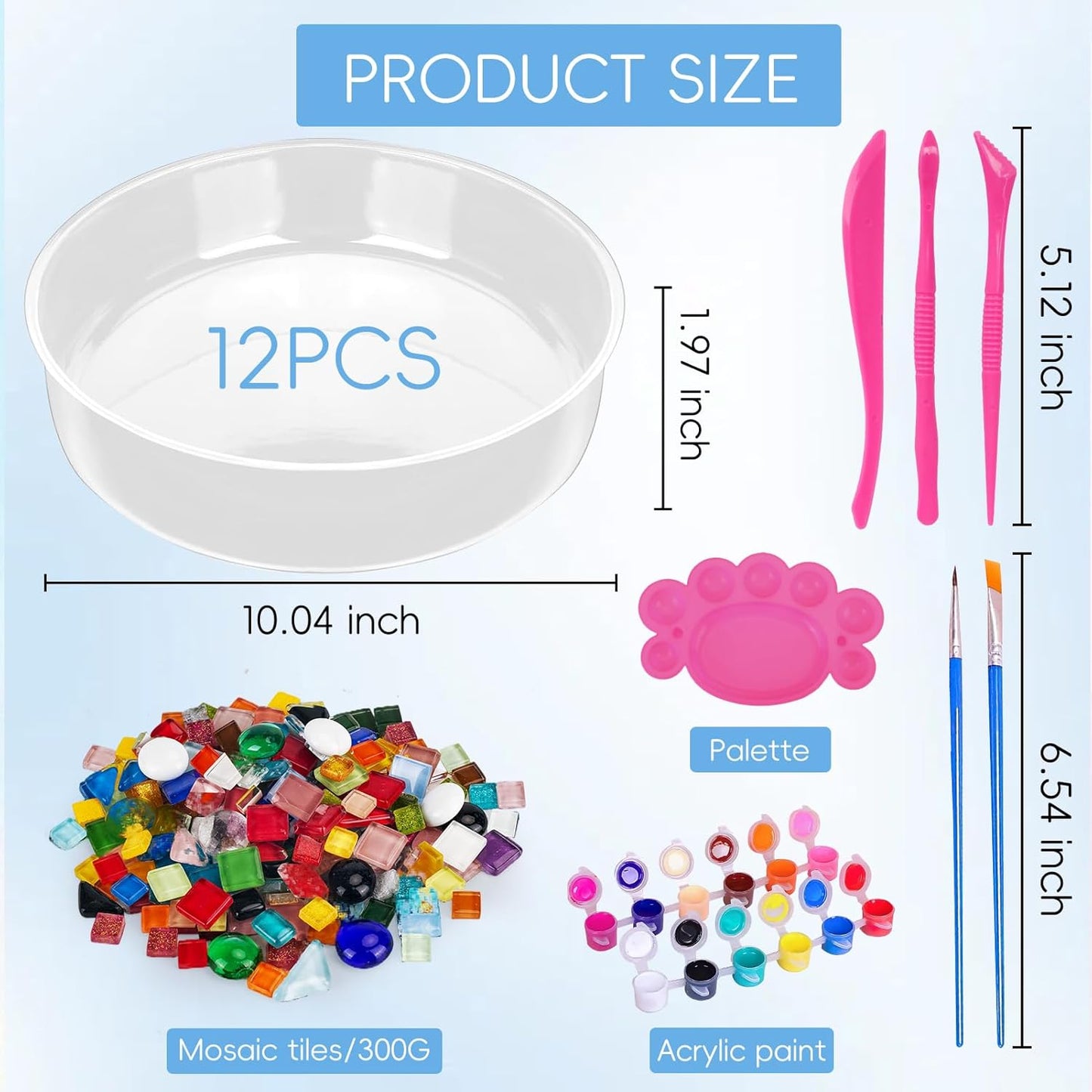 Concrete Stepping Stone Molds,Cement Molds Perfect for Creating Stepping Stones & Garden Markers, Include 300g Mosaic Tiles,Carving Tools and 12 Colors of Acrylic Paint, 10" diam (12pcs)