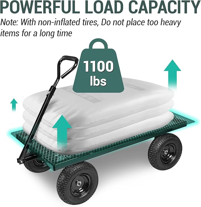 Taifa Heavy Duty 1100 Lbs Capacity Steel Garden Cart with 11.5 inch Tire, Removable Side Panels Turn Into Flatbed, Utility Cart for Yard Lawn and Farm, Metal Wagon with 180° Rotating Handle, Black