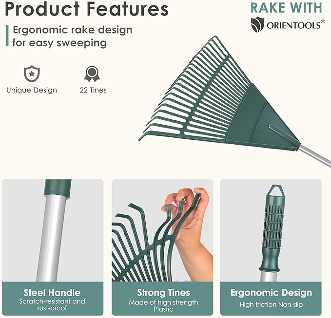 ORIENTOOLS Rake for Leaves,Adjustable Garden Leaf Rake ,Lightweight Steel Poly Yard Rake，22 Tines, 42 to 60 Inches (Silver Handle)