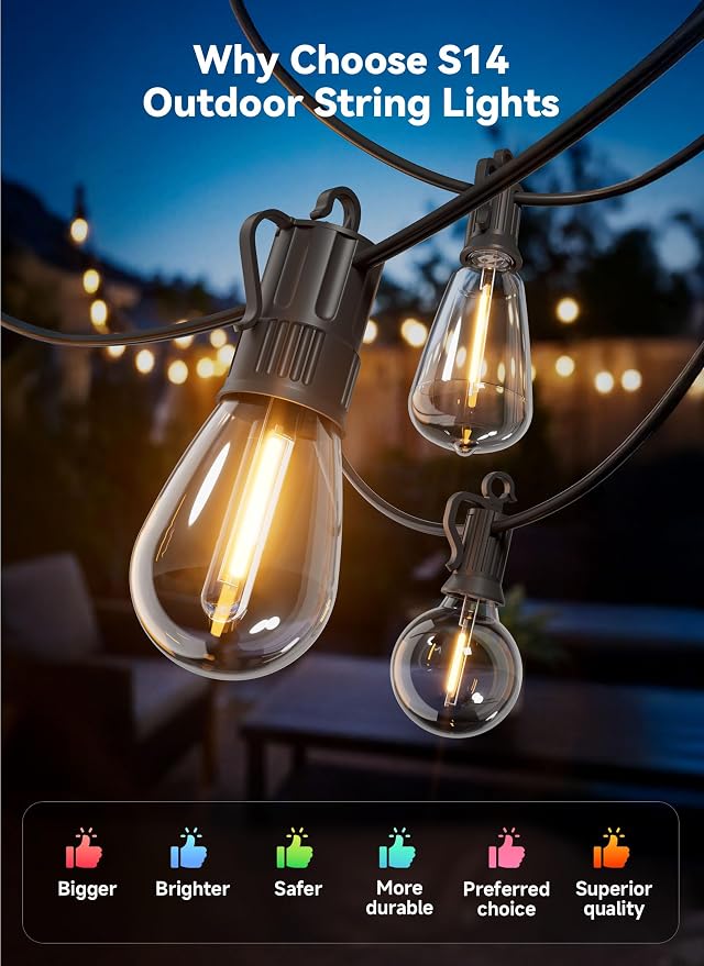 Minetom 53FT Outdoor String LED Patio Lights Waterproof, 16 Shatterproof S14 - Image 2