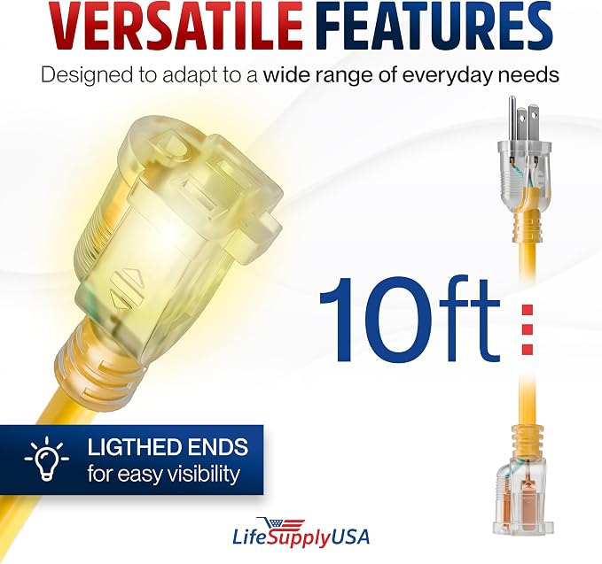10ft Outdoor/Indoor Extension Cord 14/3 Gauge Heavy Duty 3 Prong SJTW, - Image 6