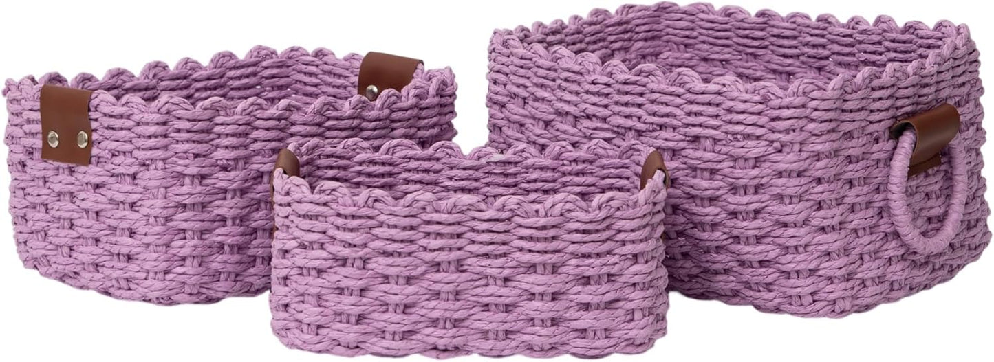 Small baskets for Organizing,Cute woven Storage basket with recycled paper rope for Shelves Bathroom,Little decorative basket,Set of 3 (Purple)