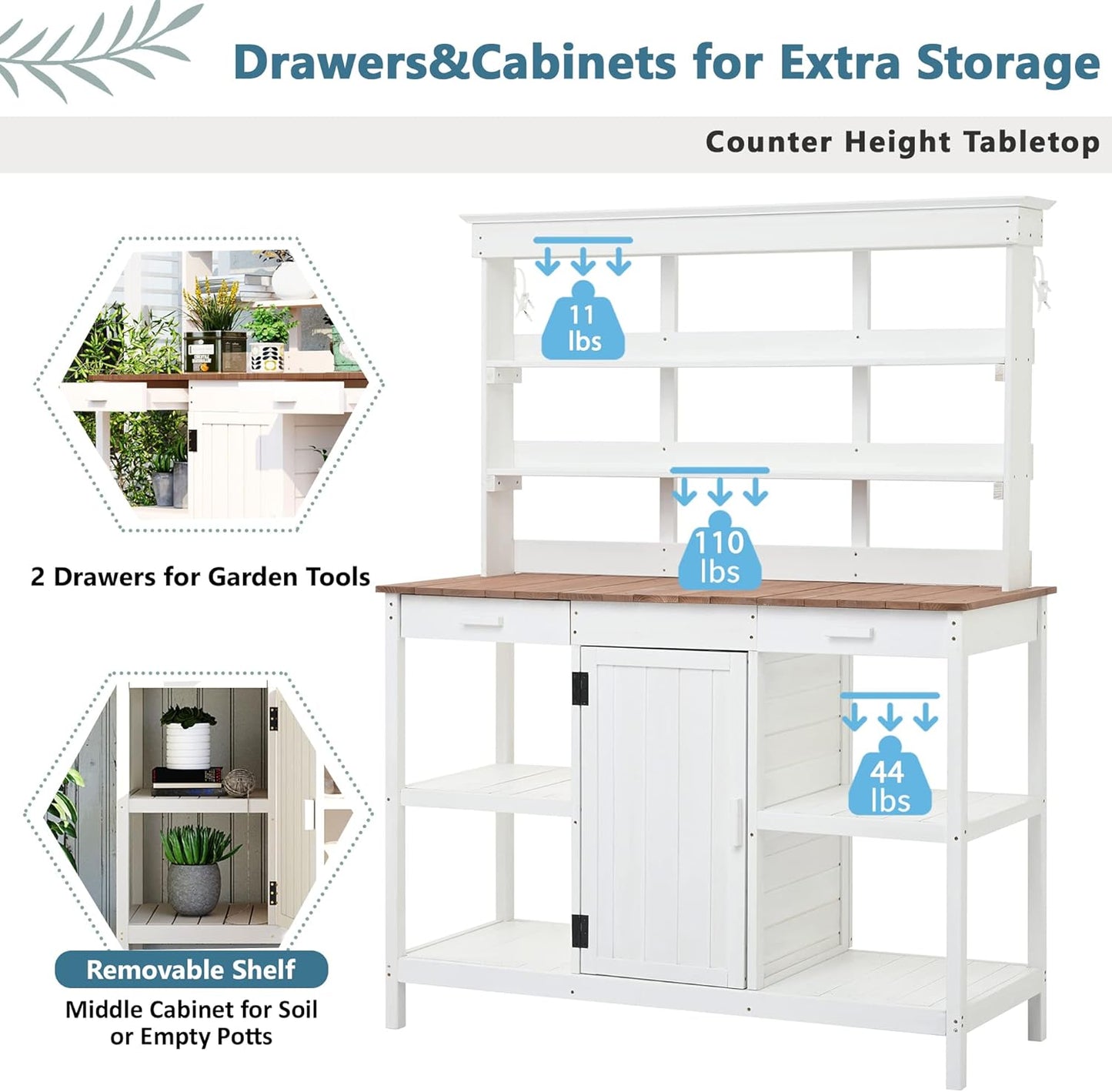 Merax 66" Large Outdoor Farmhouse Wooden Potting Bench Table, Garden Workstation with 2 Drawers, Cabinet, and Open Shelves for Backyard, Mudroom, White