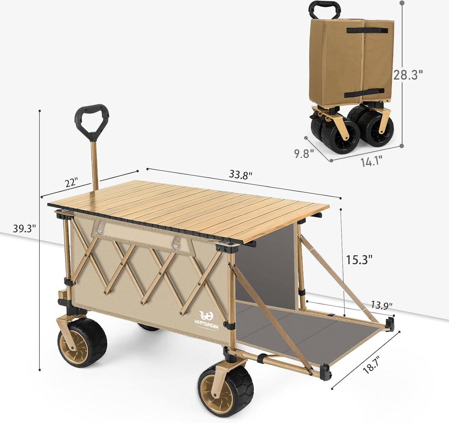 Whitsunday Collapsible Folding Wagon with Table,Heavy Duty Utility Beach Wagons with Opened Tailgate and All-Terrain Wheels for Camping,Garden,Sports Khaki