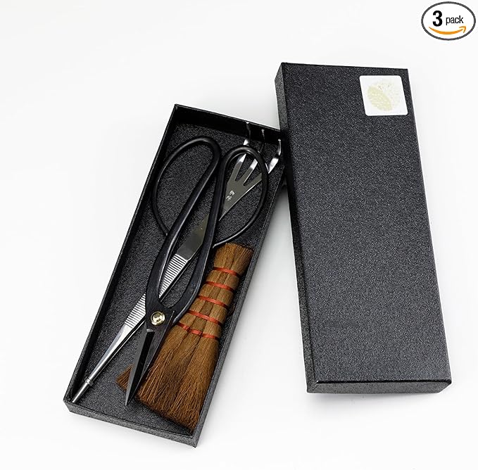 Wazakura Japanese Bonsai Garden 3PCS Tool Starter Kit, Made in Japan, Ashinaga Bonsai Scissors, Stainless Tweezers with Rake, Chinese Broom. Beginner Set with Shears, Tweezers and Soil Brush
