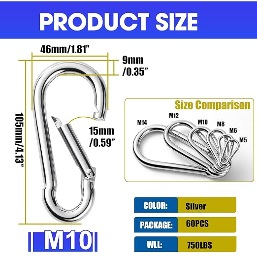 60 Pack Heavy Duty Carabiners, 3/8” Spring Snap Hook Carabiner - Image 2