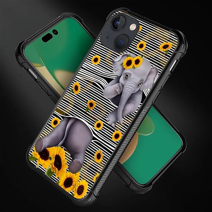 for iPhone 13 Case, Cute Little Elephant Sunflower White Line Art Pattern - Image 2