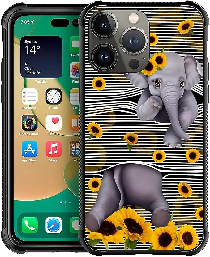 for iPhone 12 Pro Max Case, Cute Little Elephant Sunflower White Line Art by FKBRCL4U