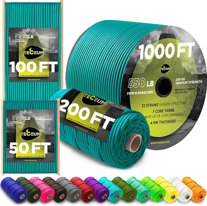 TECEUM Reflective Paracord Rope 1000 – 1000ft/200ft/100ft/50ft – 40+ Colors – by TECEUM