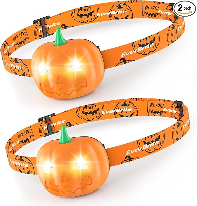 EverBrite Halloween Pumpkin Headlamps 2 Pack, 2 Modes LED Head Lamps Adjustable by EverBrite
