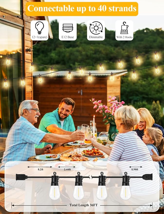 Brightever LED Outdoor String Lights 36FT, Patio Lights Outdoor Waterproof - Image 3