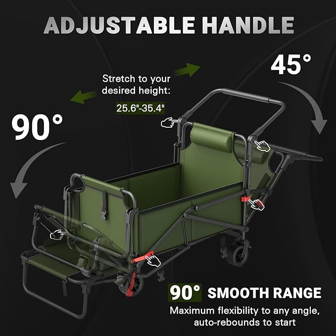 LEVELEVE Heavy Duty Folding Wagon - 2-in-1 Collapsible Cart, 400lb Capacity, All-Terrain Wheels w/Brakes & Side Pockets (Army Green)