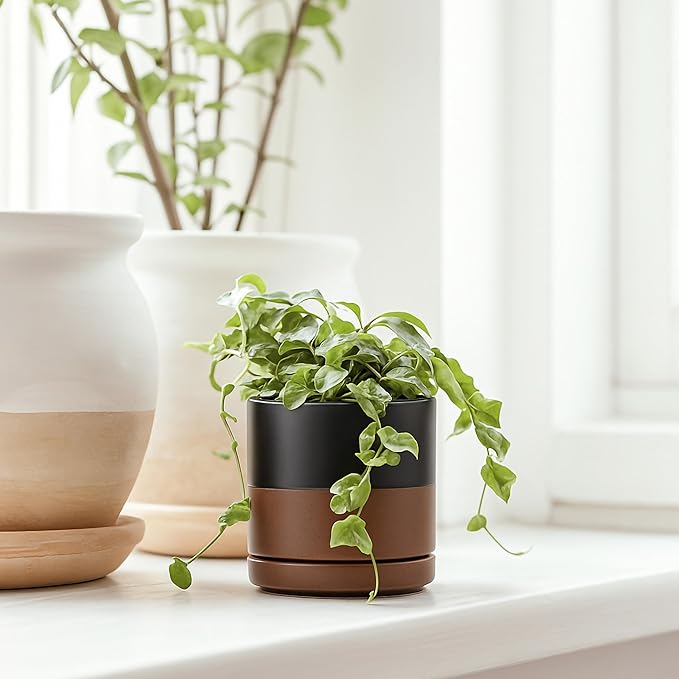 D'vine Dev 3.5 Inch & 4.7 Inch Ceramic Planter Pots for Plants with Drainage Hole and Saucer, X-Small Plant Pots Set, Black/Speckled Tan, 94-G-XS-7