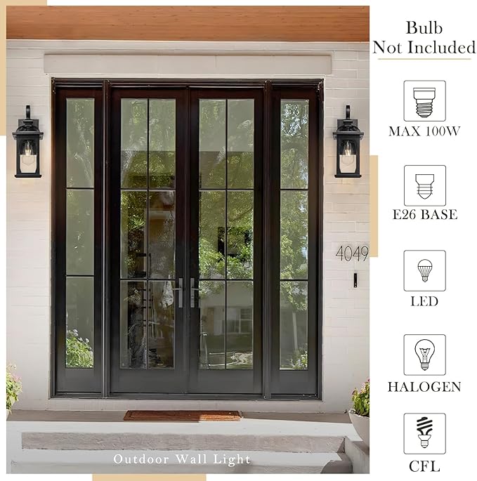 zeyu 2 Pack Outdoor Wall Lantern for Porch, 15 Inch Patio Wall Light Fixture Exterior Lights for House, Die-Cast Aluminum, Black Finish with Seeded Glass, ZD100B-2PK BK