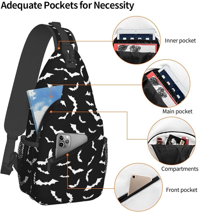 Bat Crossbody Sling Bags for Women Men White Flying Bats Silhouettes on Black - Image 3