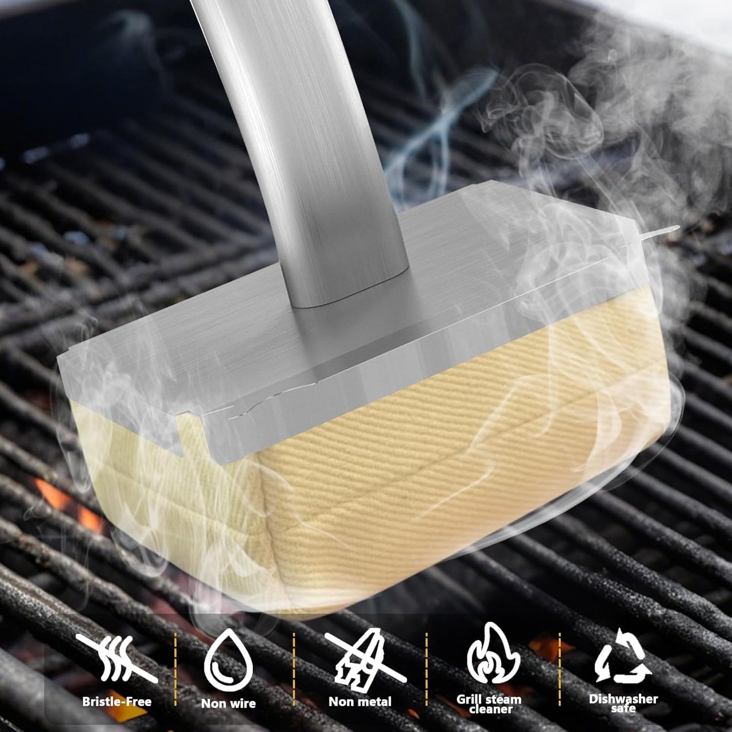 Grill Brush Bristle Free,Long Handle Steam Grill Brush for Outdoor Grill,BBQ Safe Grill Cleaner Brush,Includes 2 Replaceable Heads for Easy Grill Maintenance Black