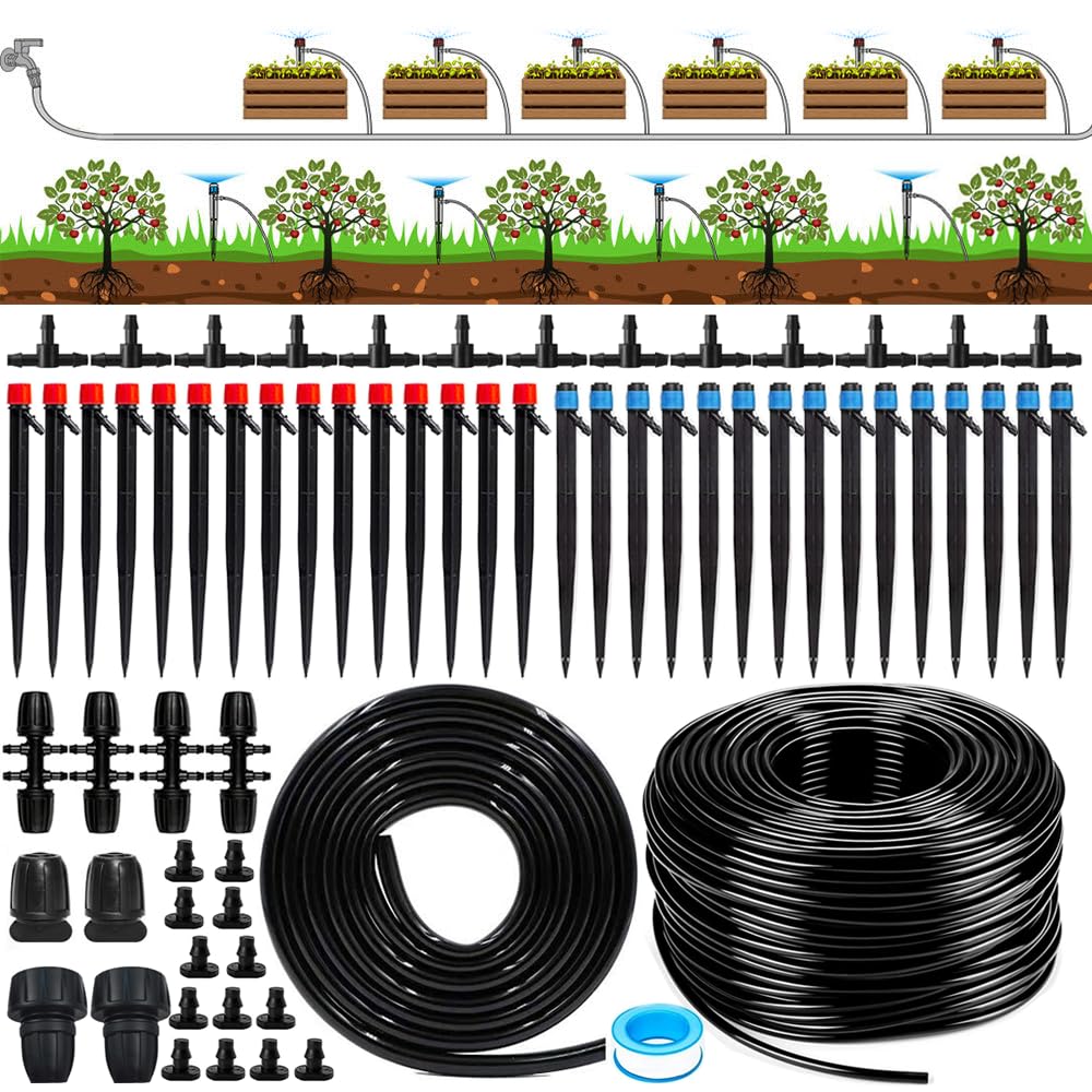236FT Quick Connect Drip Irrigation Kit, Garden Watering System DIY Automatic Irrigation Equipment Kit for Lawn Raised Bed Greenhouse Plant Watering with 1/4'' Tubing, Drip Emitter, Connector