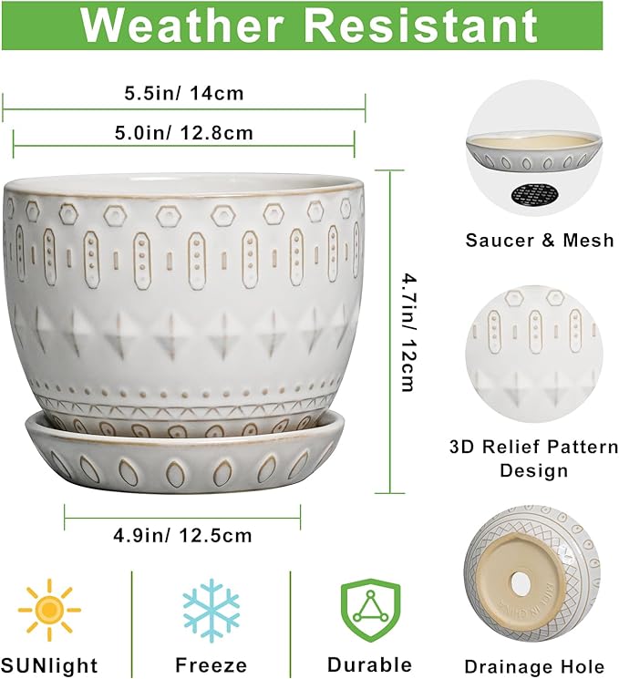 G EPGardening Ceramic Plant Pot - Succulent Pots with Drainage Hole and Saucer 5 Inch Planter for Indoor Plants Outdoor Decorative Round Flower Pot White