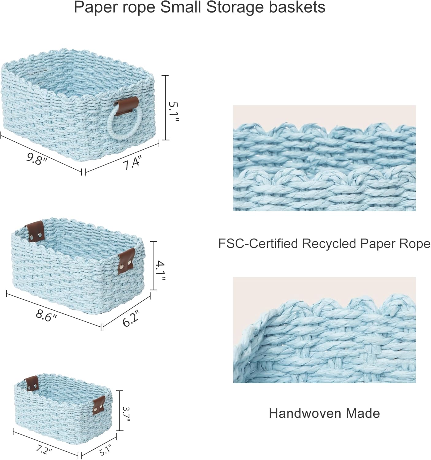 Small baskets for Organizing,Cute woven Storage basket with recycled paper rope for Shelves Bathroom,Little decorative basket,Set of 3 (Sky-Blue)