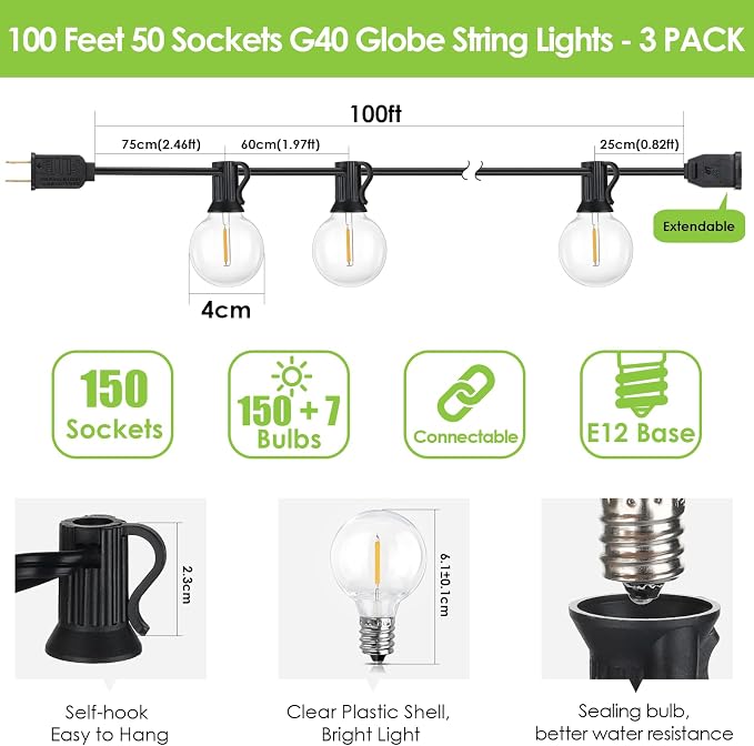 Mlambert 300Ft LED Outdoor String Lights Dimmable Waterproof G40 Globe Patio - Image 2