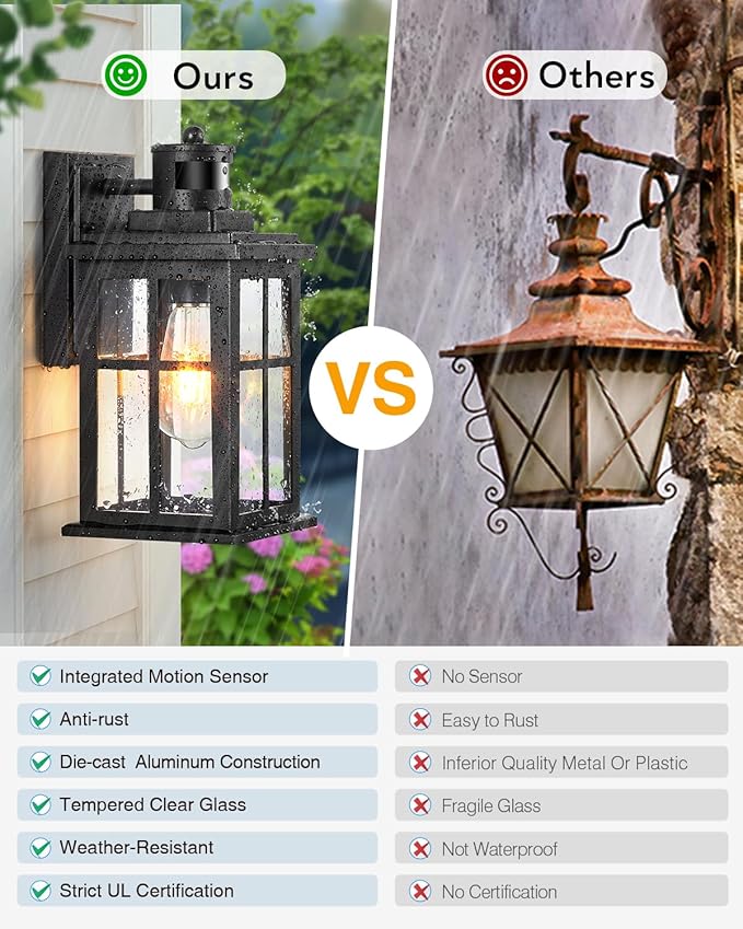 Motion Sensor Outdoor Lights, 2 Pack Outside Light Fixture Dusk to Dawn, Black Outdoor Motion Sensor Light, Anti-Rust Exterior Light Fixture for House, Garage, Doorway, Porch, 100% Aluminum