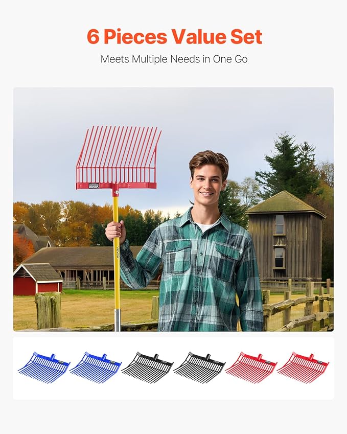 VEVOR 6PCS Manure Fork Replacement Head, 18 Angled Tines Horse Manure Fork Head, Durable Plastic Pitchfork Heads, Horse Mulch Rake for Picking up Stable Stall Muck Grass Hay Cleaning Farm Work