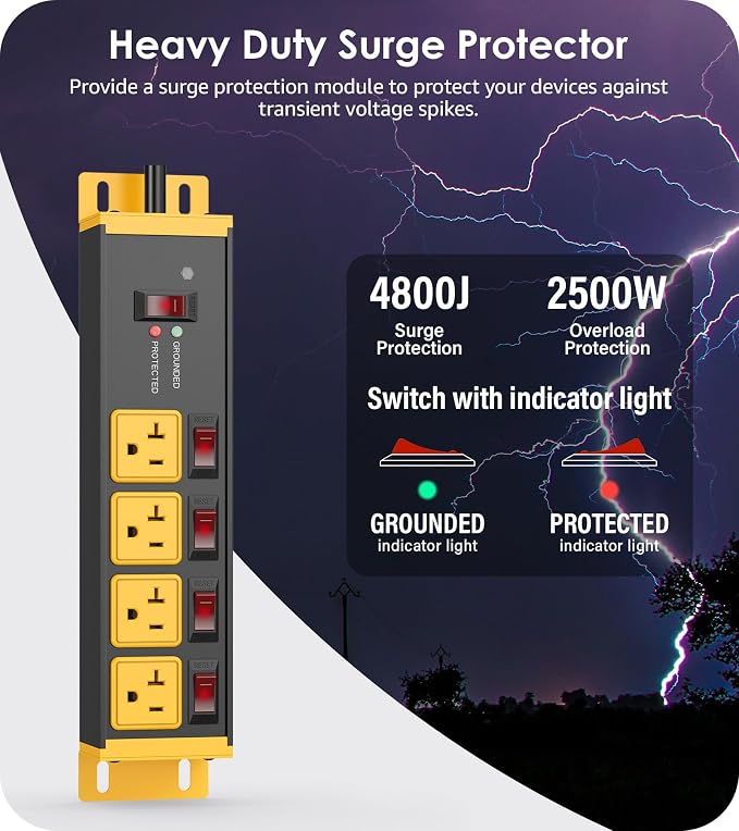 CCCEI Heavy Duty Surge Protector Power Strip 20 Amp Individual Switches. 20FT - Image 2