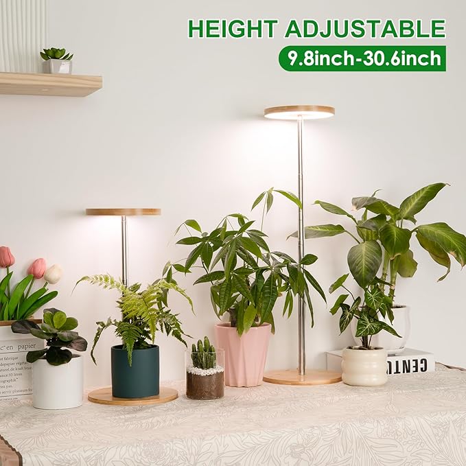 LORDEM Bamboo Grow Light, LED Plant Light for Indoor Plants Growing, Full Spectrum Bamboo Desk Growth Lamp with Automatic Timer for 4H/8H/12H, 4 Dimmable Levels, Height Adjustable