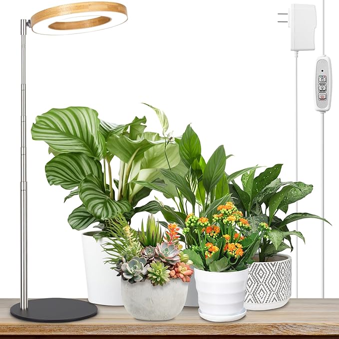 LORDEM Bamboo Grow Light for Indoor Plants, Full Spectrum Plant Light for Indoor Growing, Desk LED Grow Lamp with Auto On/Off Timer for 4H/8H/12H, 4 Dimmable Levels, Height Adjustable, 1 Pack