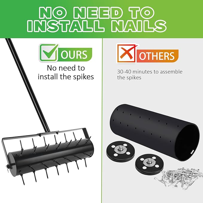 Rolling Lawn Aerator with 42 Spikes, No Assembly Required, Heavy-Duty Manual Lawn Tool for Soil Loosening and Grass Root Growth, Garden Yard Aeration Tool