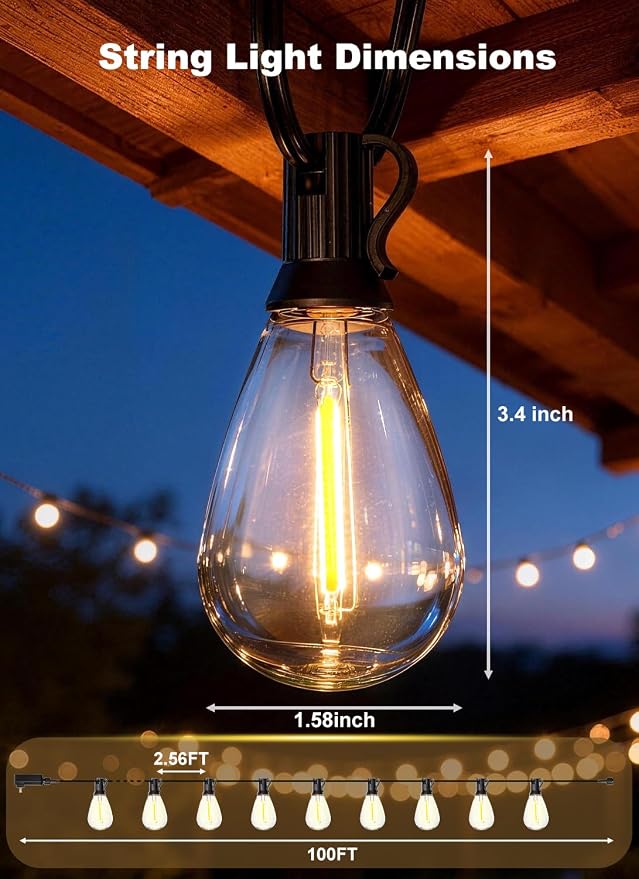100FT Outdoor String Lights Waterproof, 36+1 Shatterproof S11 LED Bulbs - Image 2