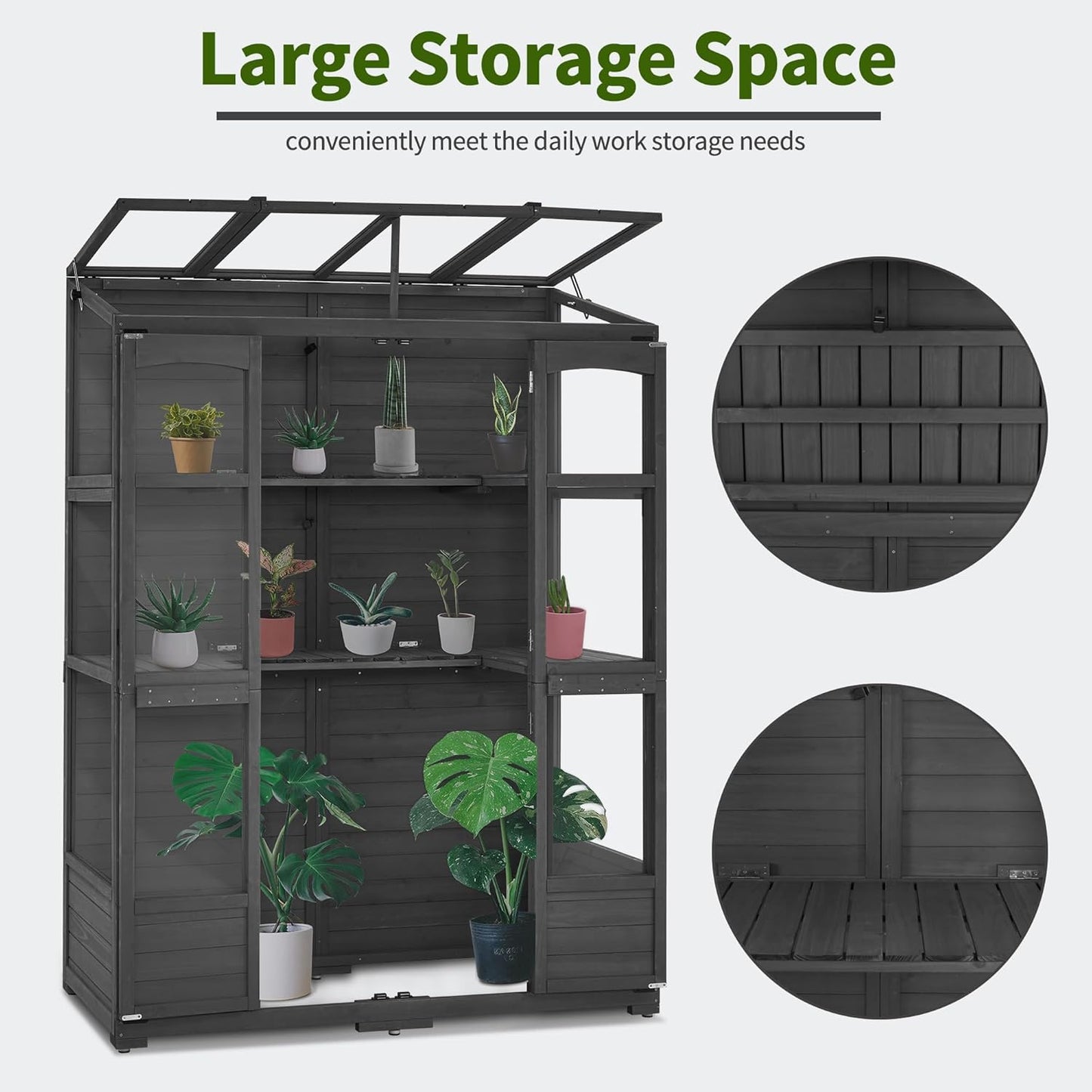 MCombo Wooden Greenhouse, Walk-in Outdoor Greenhouse with Openable Roof and Lockable Door, 0899 (Dark Grey)