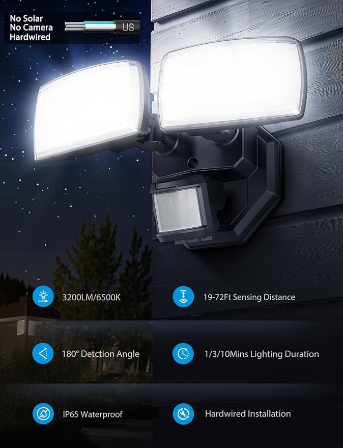 Onforu 32W 2 Head Motion Sensor Outdoor Lights, 3200LM 6500K LED Security Light - Image 3