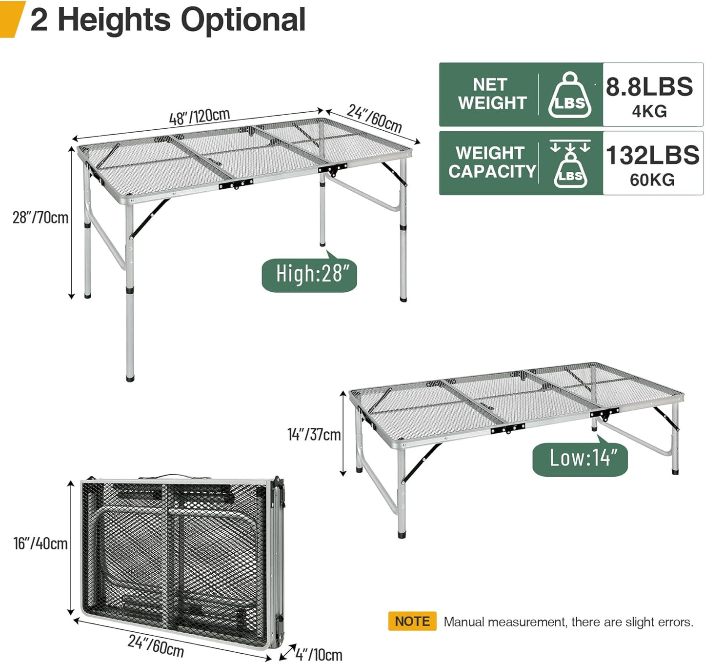 RedSwing Portable Grill Table for Outside, Aluminum Folding Grill Stand Table for Outdoor Camping Picnic BBQ, Lightweight Adjustable Height, (48"x24"x15"/28" Sliver)
