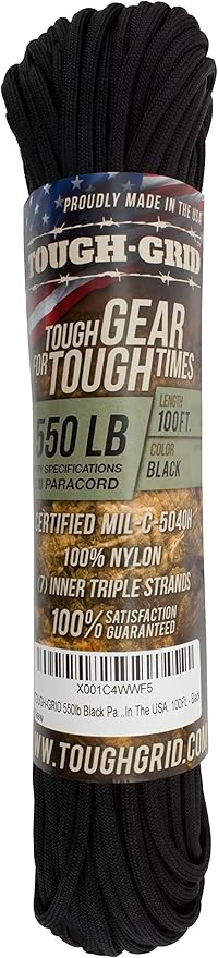 TOUGH-GRID 550 Paracord, Type III Mil-Spec Nylon Rope - 100 Ft Black Tactical - Image 3