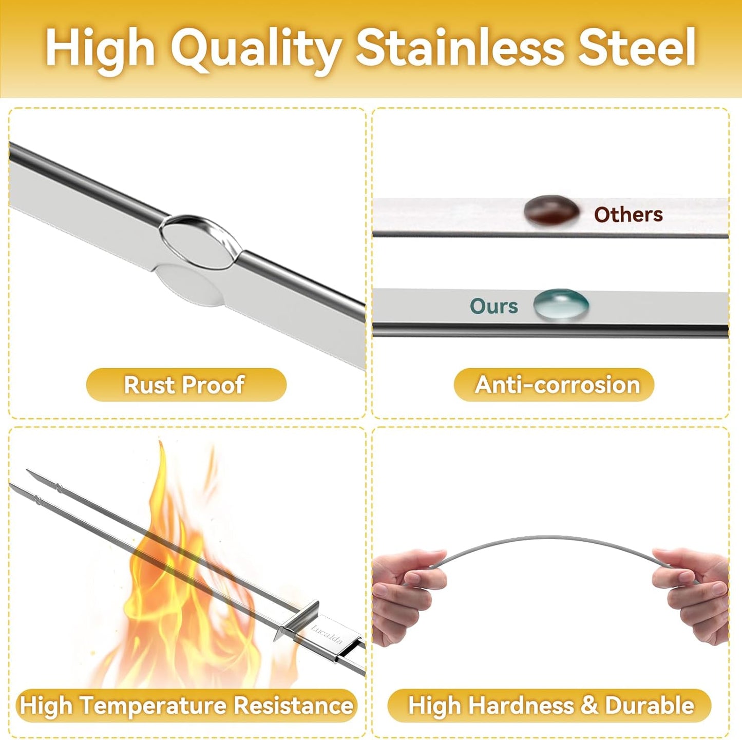 Skewers for Grilling- 17 inch (6 Pack) Double Pronged Flat Stainless Steel BBQ Skewer with Push Bar- Kabob Skewers Skewer Sticks for Camping or family - Reusable, BBQ Accessories