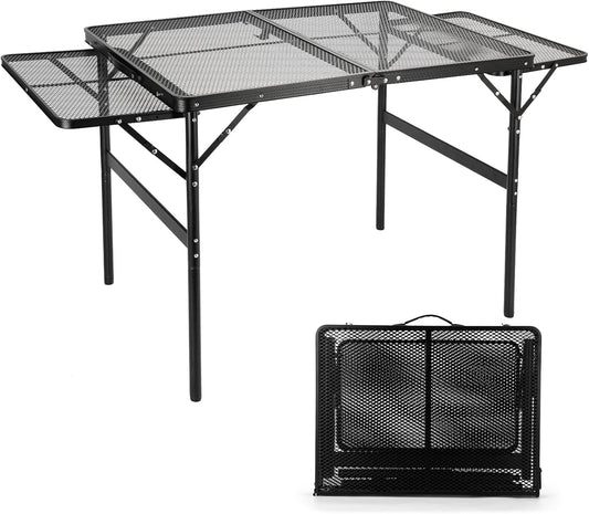 Grill Table 3FT+1.4 FT Folding Table with 2 Wing Panels with Mesh Desktop 2 Height Adjustable Portable Grill for Outdoor Indoor Beach BBQ Picnic Travel RV Black