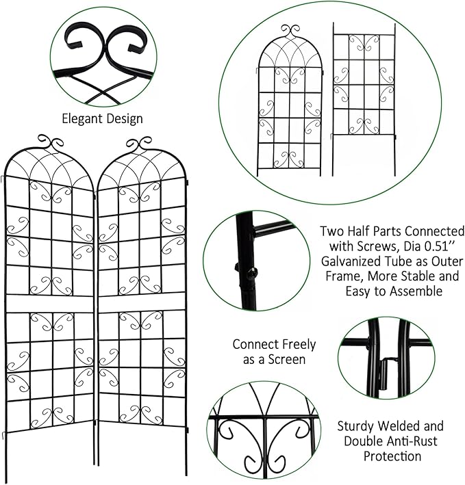 4 Pack Metal Garden Trellis 86.7" H Garden Fence Rustproof Trellis for Climbing Plants Support Roses Flower Outdoor Lawn Black