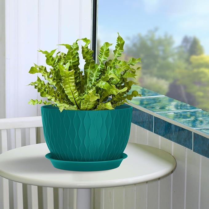 Plant Pots 12/10/9 Inch Pots, Set of 3 Plastic Planters with Drainage Holes and Saucers,Plastic Flower Pots,Nursery Planting Pot for Indoor Out Door Plants（Teal）