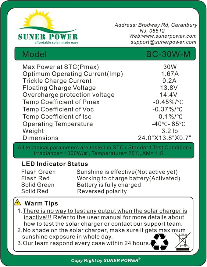 SUNER POWER 30W 12V Solar Battery Charger Maintainer, Built-in Smart MPPT - Image 7