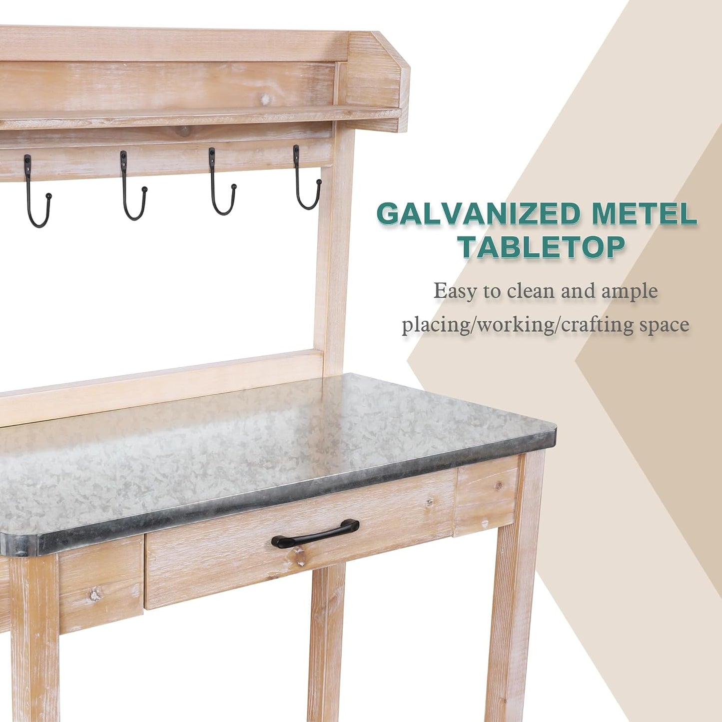 Outdoor Potting Bench Table with Metal Tabletop, Planting Table Potting Work Station with Storage Drawer and Removable Shelf Rack, Garden Potting Table for Outdoors