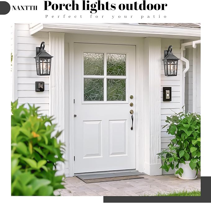 Outdoor Wall Lights 14 Inch Exterior Waterproof Lighting Fixtures Aluminum Material and Water Ripple Glass E26 Socket Black Outdoor Lights for House Garages