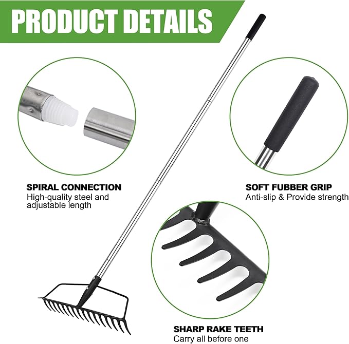 Garden Rake, Metal Sturdy and Heavy Duty Metal Rake, 16-Tine Bow Rake with Adjustable Stainless Steel Handle, Long Shaft for Loosening Soil, Leveling Mulch, Gathering Leaves