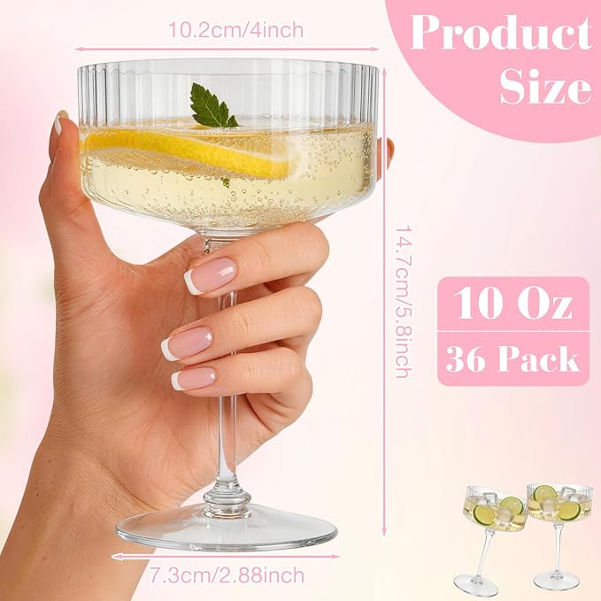 PLULON 36 Pcs Clear Martini Glasses Set 10 Oz Plastic Ribbed Coupe Glass - Image 3
