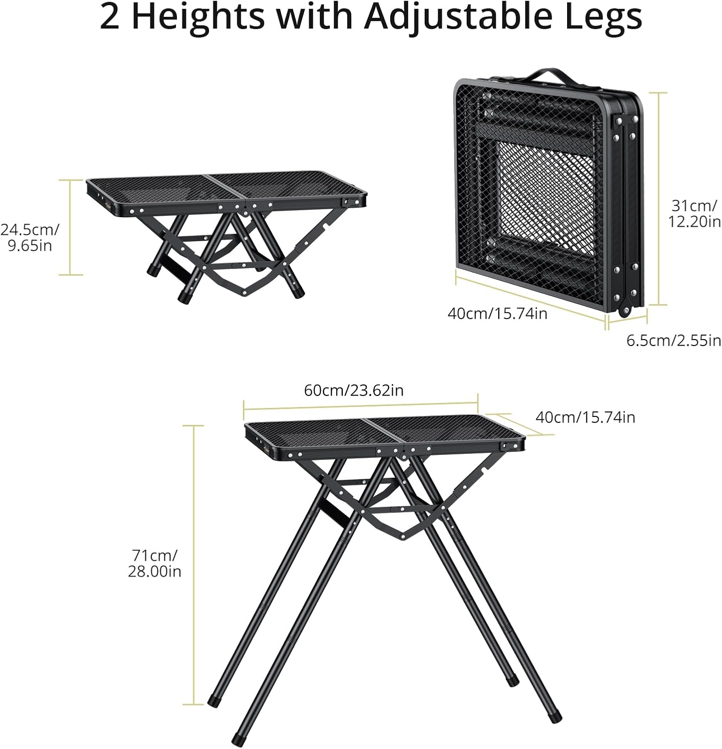 2ft Sturdy Folding Grill Table, Supports 180 Lbs, 2 Adjustable Height 28” Portable Grill Table, Heat-Resistant Tabletop, Folding Metal Table for Camping BBQ Cooking Backyard, 24" X 16", Black