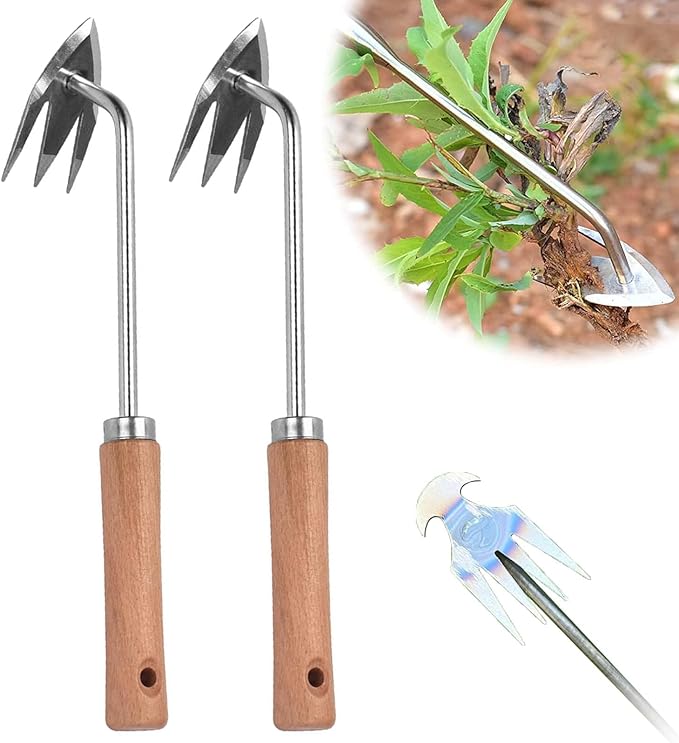 Stainless Steel Multifunctional Weeder, Hand Weeder Tool Stand Up Weed Puller Tool with Long Handle, V-Shaped Light Duty Hand Weeder for Lawn Garden Yard Farmland Weed Removal (Wood Handle 2PCS)