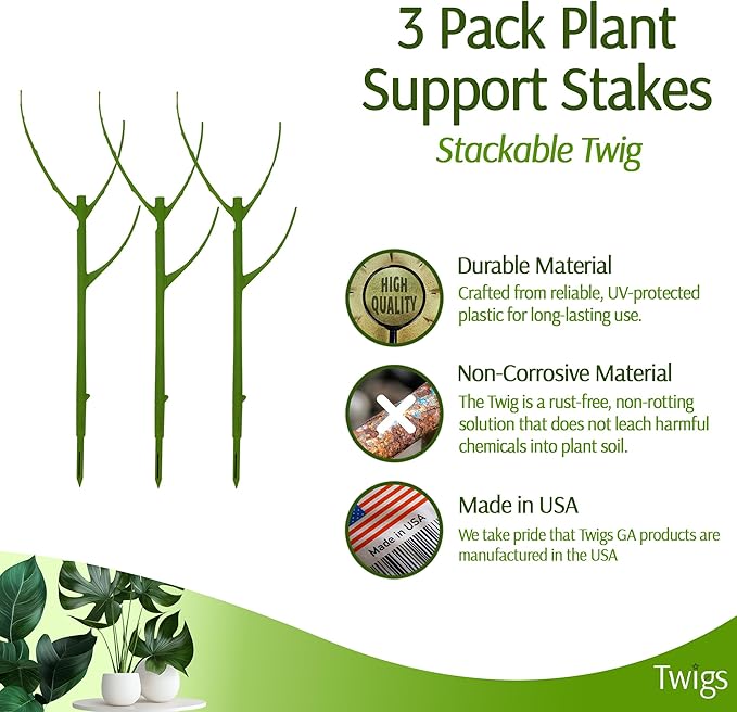 Stackable Plant Support Stakes, Stem Holder Structure for Indoor & Outdoor, Garden Accessories for Climbing & Potted Plants, Trellis Alternative - Peony (Light Green), 3 Pack, 17" L