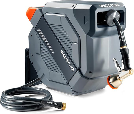 Retractable Garden Hose Reel 1/2 in x 175 ft Professional Metal Bracket & 9-Pattern Metal Nozzle UV Resistant Brass Fitting Heavy Duty Wall Mount Any Length Lock Slow Retraction 180° Swivel