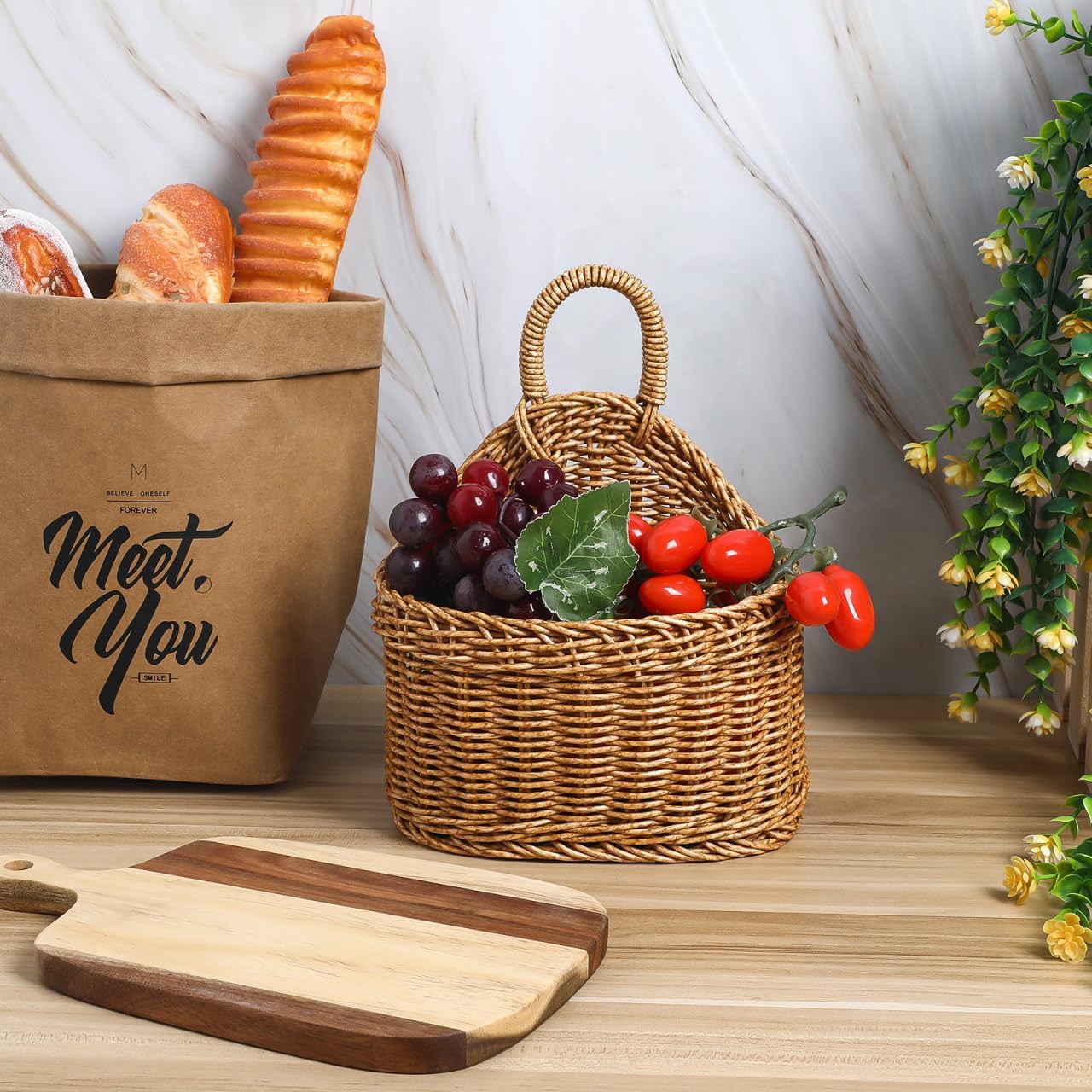 DECHOUS Small Wall Hanging Wicker Storage Basket - Plastic Woven Basket Kitchen Organizing Storage for Garlic Potato Onion Fruits - Home Pantry Wall Decor Housewarming, 9.3x7.5x4.7 Inch